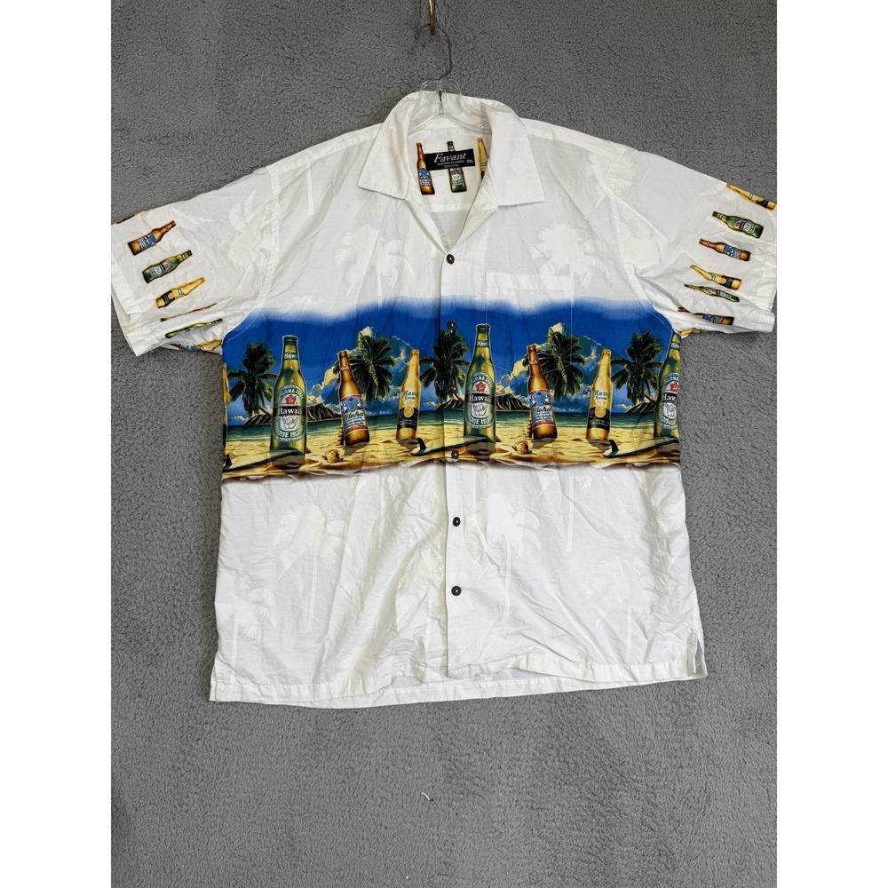 Favant Shirt Mens 2XL Hawaiian Beer Bottle Border Print Short Sleeve Button Up